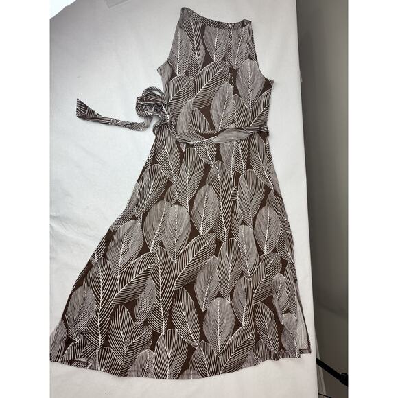 Talbots Jersey Shirtdress Linear Palms Neutral Boho Tie Packable Brown Medium - Picture 9 of 9